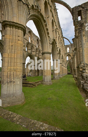 Immense arcate e pittoresche rovine della storica del XII secolo Rievaulx Abbey, monastero cistercense in Yorkshire, Inghilterra Foto Stock