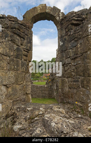 Visualizzazione attraverso l'arcata in pietra a pittoresche rovine della storica del XII secolo Rievaulx Abbey, monastero cistercense in Yorkshire, Inghilterra Foto Stock