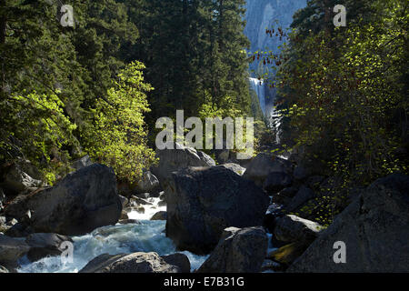 Merced River e primaverile caduta, la nebbia Trail, Yosemite National Park, California, Stati Uniti d'America Foto Stock