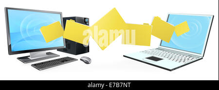 Computer file telefono concetto di trasferimento di file o cartelle in movimento tra un computer desktop e laptop Foto Stock