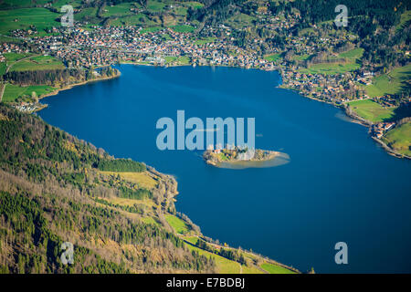 Vista aerea, Lago Schliersee, Alta Baviera, Baviera, Germania Foto Stock