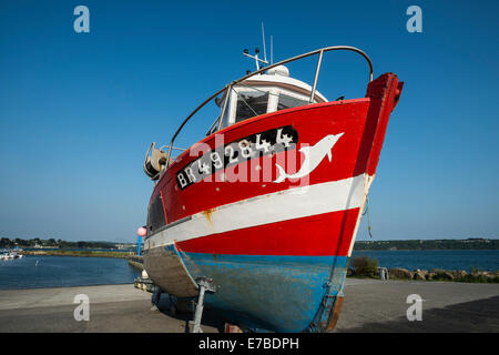 La pesca in barca presso il molo, Brest, Brittany, Francia Foto Stock