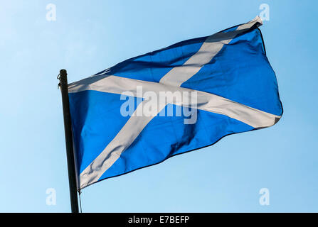 La si intraversa, bandiera scozzese, volare contro un cielo blu, Oban, Scotland, Regno Unito Foto Stock