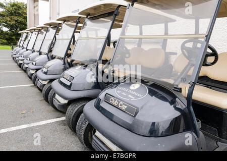 Golf carts schierate al di fuori del castello Dargan Golf Club Foto Stock