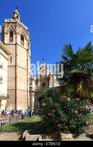 Plaza de la Reina con la el Miguelete campanile, Cattedrale di Valencia Santa Maria, la città di Valencia, Spagna, Europa. Foto Stock