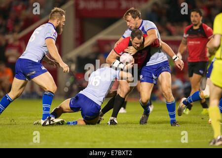 Salford, Regno Unito. Xii Sep, 2014. Super League Rugby. Salford rossi rispetto a Widnes Vikings. Salford Red Devils prop Adrian Morley in azione. Credito: Azione Sport Plus/Alamy Live News Foto Stock