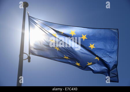 Bandiera europea con le dodici stelle gialle sul cielo blu, contre-jour Foto Stock