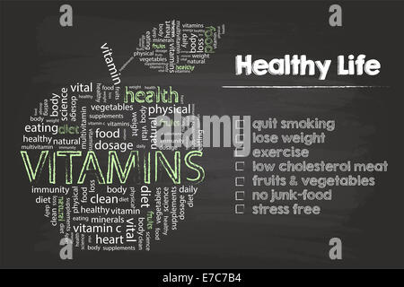 Vita sana passi grafica con vitamine Word cloud di Apple sulla scheda verde Foto Stock