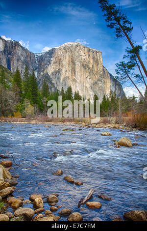 El Capitan torri sopra il piano della valle. Vista dal fiume Merced, del Parco Nazionale Yosemite in California. Stati Uniti d'America Foto Stock