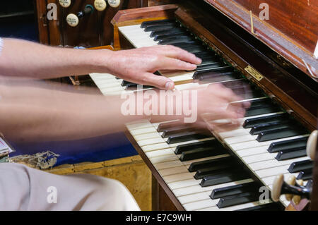 Una chiesa organista suona l'organo Foto Stock