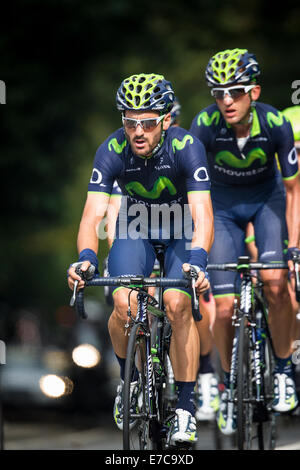 Fernhurst, UK. Xiii Sep, 2014. Il team Movistar portano il peloton principale sulla fase 7 (Camberley a Brighton) del 2014 Tour della Gran Bretagna. Credito: Anthony Hartley/Alamy Live News Foto Stock