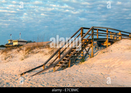 Crossover di Dune costruito con blocchi di legno di legno illumina con la luce dorata di sunrise in Fernandina Beach, Florida, Stati Uniti d'America Foto Stock