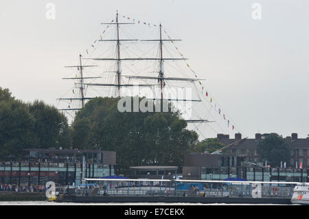 I montanti del Cutty Sark come visto dalle rive del Tamigi a Greenwich. Foto Stock