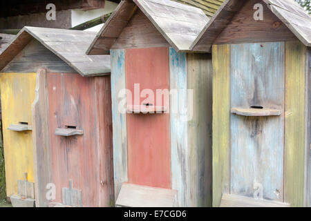 Antichi alveari apiari, alveari colorati, alveari rurali in legno, dipinti Foto Stock