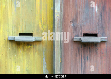 Antichi alveari apiari, buco, alveari colorati, alveari rurali in legno, dipinto Foto Stock