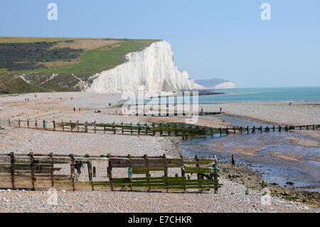 Sette sorelle chalk cliffs visto dalla spiaggia di Cuckmere Haven vicino a Seaford East Sussex England Regno Unito Regno Unito Foto Stock