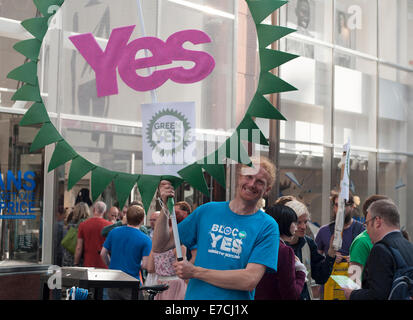 Glasgow, Scotland, Regno Unito. Il 13 settembre 2014. Un sì sostenitore del Partito dei Verdi onde una grande bandiera di girasole durante la guida fino a Scottish referendum di indipendenza su Buchanan Street, Glasgow, Scozia sabato 13 settembre 2014 Credit: Iona Pastore/Alamy Live News Foto Stock