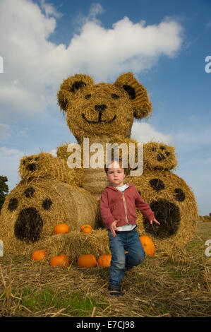 Fordstown, Kells, nella contea di Meath, Irlanda. Il 13 settembre 2014. Il 13 settembre 2014.agricoltore Tom Dillon da Fordstown, Kells, nella contea di Meath chi si avvicinò con l'idea di realizzare un treno e orsacchiotto da balle di paglia per attirare l attenzione alla sua raccolta zucche business in tempo per la festa di Halloween.visto qui all'orsacchiotto è Rory Dunne dalla vicina Pepperstown.Foto:Barry Cronin/Alamy News Foto Stock