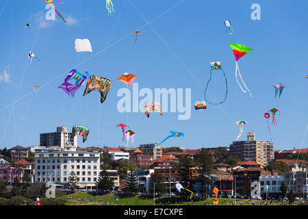 Aquiloni volare contro un blu cielo di Sydney a Bondi Festival di venti 2014 Foto Stock