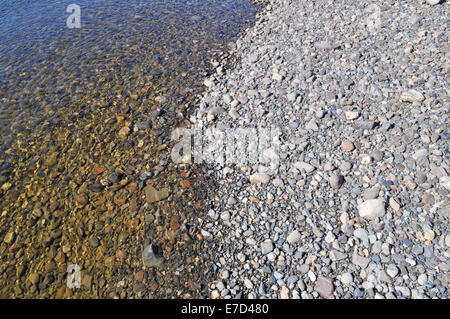 Sfondo di ciottoli di fiume. Ciottoli di fiume sulla riva e sotto un sottile strato di acqua trasparente. Foto Stock