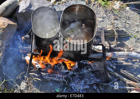 Cucina di pesce sul fuoco. Tourist fire, trivet, e due pot che cucinato la zuppa di pesce. Foto Stock