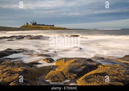 Incredibilmente aspra costa di Isola Santa in Northumberland è protetto da Lindisfarne Castle Foto Stock