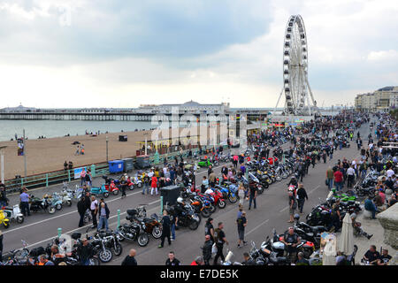 Brighton, Regno Unito. Xiv Sep, 2014. Ace Cafe correre a Brighton Madeira è guidare il 14 settembre 2014 nel Regno Unito. È possibile vedere il Brighton Pier, la ruota e un sacco di vecchi scooter e moto nella foto Credit: Paolo Briden/Alamy Live News Foto Stock