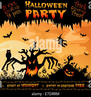 Poster di Halloween con albero sulla Luna Piena Sfondo, illustrazione Foto Stock