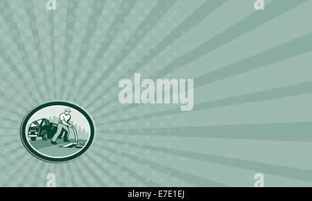 Business card mostra illustrazione di un pozzo di drenaggio chirurgo unblocker lavoratore flessibile di sblocco nel pozzetto di drenaggio con carrello unità idrostatica in background imposta all'interno di forma ovale fatto in stile retrò. Foto Stock