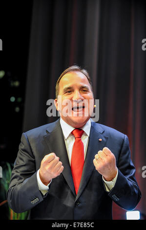 Stoccolma, Svezia. Xiv Sep, 2014. Il socialdemocratico partito leader del Sig. Stefan Löfven sarà il nuovo primo ministro della Svezia. Le immagini mostrano il signor Löfven sull elezione notte. Credito: Rolf Adlercreutz/Alamy Live News Foto Stock