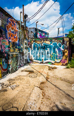 Graffiti sui muri in un vicolo in po' di cinque punti, Atlanta, Georgia. Foto Stock