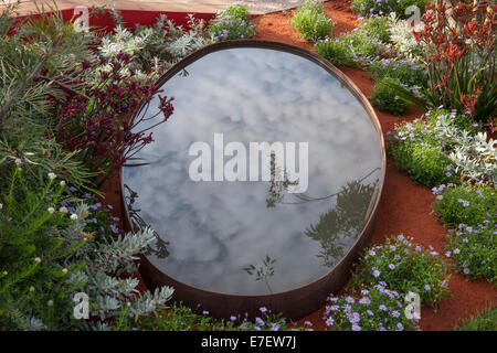 Giardino - Essenza di Australia - Vista del laghetto in giardino piscina circondata da Brachyscome blu Anizogant Haemodoraceae Foto Stock