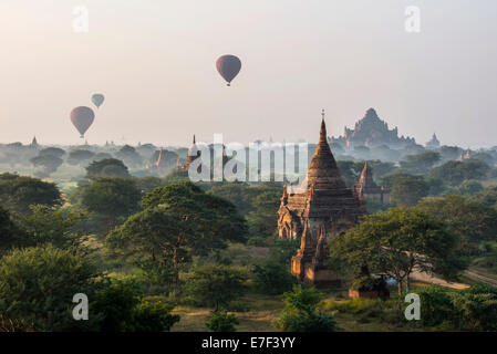 I palloni ad aria calda nel paesaggio nella nebbia mattutina, Dhammayangyi Tempio, gli stupa, pagode, tempio complesso Foto Stock