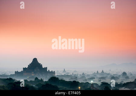 Tempio Dhammayangyi, stupa, pagoda, tempio complesso, nella nebbia mattutina, sunrise, altopiano di Bagan, Divisione Mandalay Foto Stock