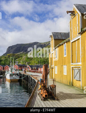 Magazzino e Rorbuer di pescatori di cabine nel porto di Nusfjord, Lofoten, Nordland, Norvegia Foto Stock