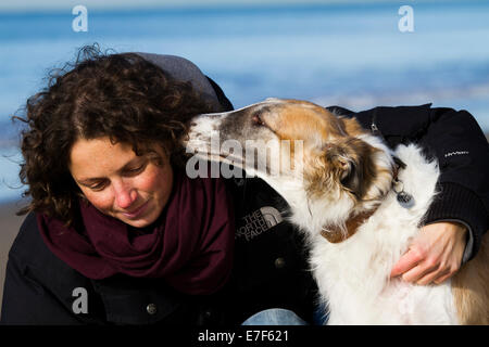 Cane o russo Wolfhound, smootching con una giovane donna, Toscana, Italia Foto Stock