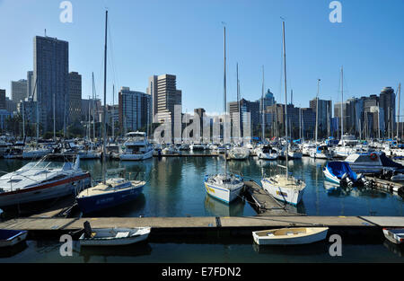 Porti globali, Durban, KwaZulu-Natal, Sud Africa, yacht e barche ormeggiati per ormeggiare in porticciolo di piccole imbarcazioni del porto cittadino, edifici, skyline Foto Stock