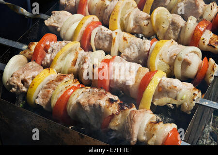 Materie spiedini con limone e pomodori in uno spiedino Foto Stock