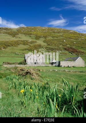 Alla ricerca e alla Carreg Fawr Victorian fattoria modello (agriturismo, cantieri & Dépendance), Bardsey Island, il Galles del Nord, con Mynydd Enlli salgono verso la parte posteriore. Foto Stock