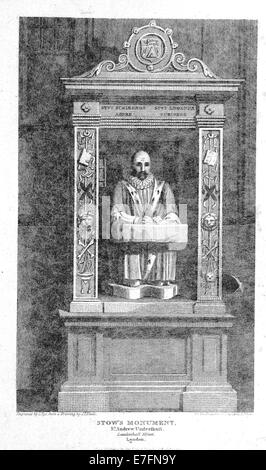 Illustrazione da Brayley (1820), che mostra Stow's Monument e St Andrew Undershaft in Leadenhall Street, Londra. L'immagine raffigura una vista storica del monumento e della chiesa come parte del paesaggio urbano di Londra del XIX secolo. Foto Stock