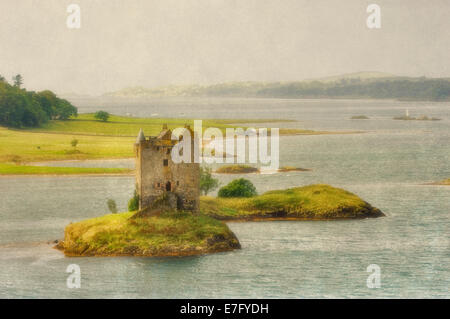 Rendering artistico di Castle Stalker sul Loch Linnhe vicino a Port Appin in Scozia Foto Stock