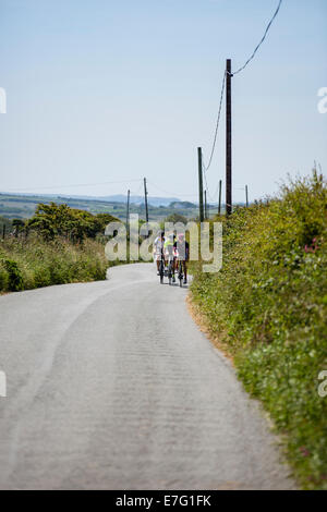 Tre i ciclisti cavalcare lungo un percorso attraverso la campagna del Pembrokeshire, Galles Foto Stock