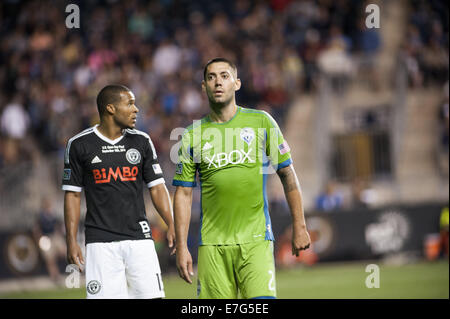 Chester, Pennsylvania, USA. 16 Sett 2014. Seattle della sirena Clint Dempsey (2) in azione durante il LAMAR HUNT U.S. OPEN CUP titolo le sirene di Seattle ha vinto con una vittoria di 3-1 contro l'Unione di Philadelphia in PPL Park di Chester PA Credito: Ricky Fitchett/ZUMA filo/Alamy Live News Foto Stock