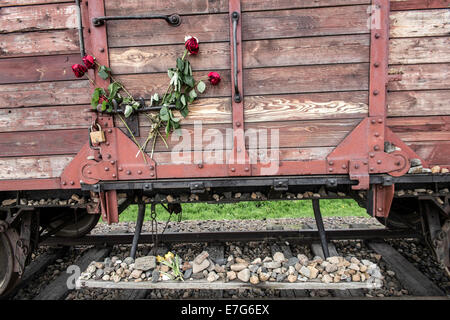 Carrello con rose, Auschwitz II-Birkenau sterminio camp, Oswiecim, Polonia Foto Stock