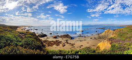 Costa del Pacifico con cielo velato, PIEDRAS BLANCAS, California, Stati Uniti Foto Stock