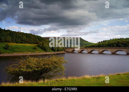 Regno Unito, Derbyshire, Peak District, Ladybower Reservoir guardando verso Ashopton Viaduct e Bamford Edge. Foto Stock