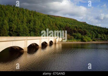 Regno Unito, Derbyshire, Peak District, Ladybower Reservoir guardando verso Ladybower Viaduct e Bamford Edge. Foto Stock