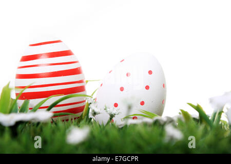Le uova di pasqua di colore rosso e bianco con fiori su un prato Foto Stock