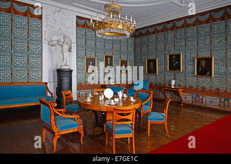 Salone blu nell'ala ovest dell'ex Abbazia imperiale e residenza di Corvey, il patrimonio culturale mondiale, Hoexter, Nord Reno-Westfalia, Germania Foto Stock