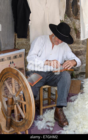 La preparazione di lana utilizzando le schede a mano Foto Stock